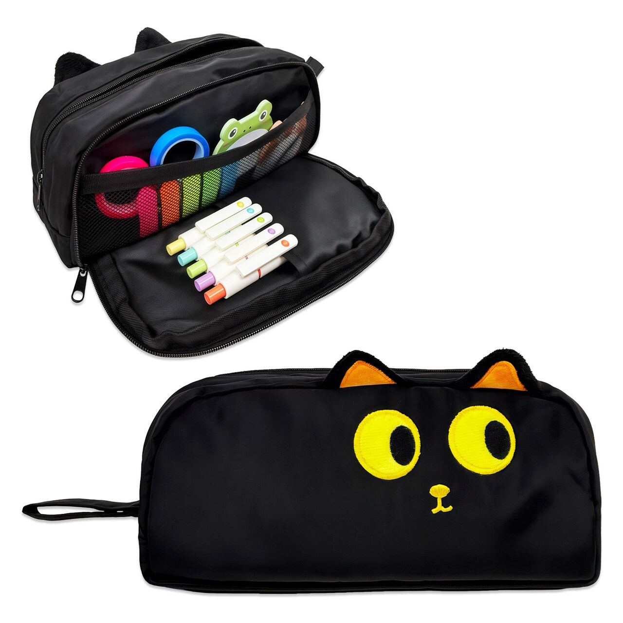 Wrapables 3D Animal Face Pencil Case, Large Capacity 2 Compartment Pencil Pouch for Stationery Tools, Black Cat